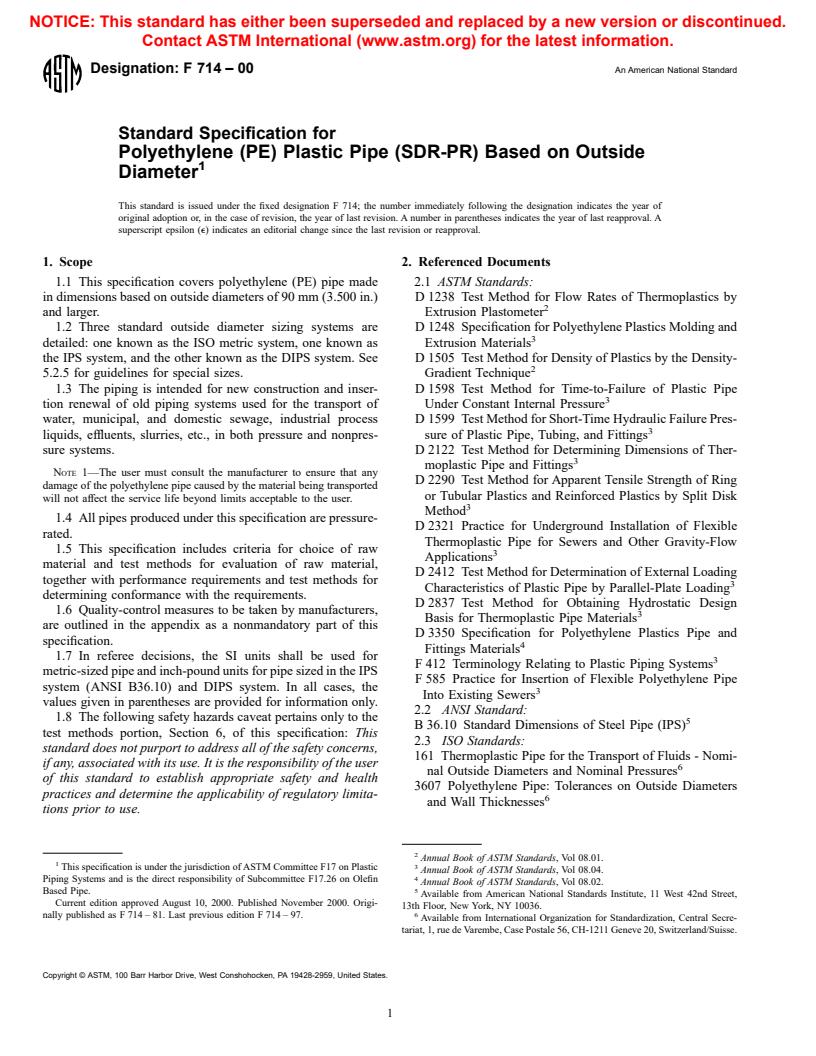 ASTM F714-00 - Standard Specification for Polyethylene (PE) Plastic Pipe (SDR-PR) Based on Outside Diameter