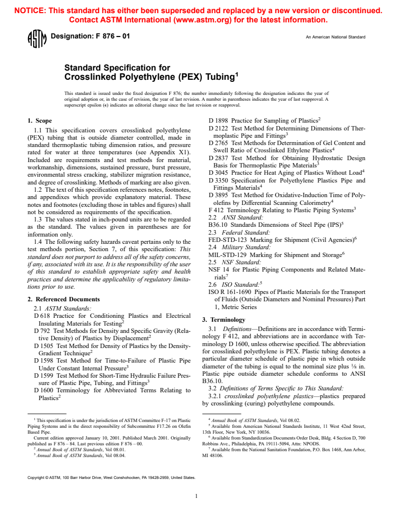 ASTM F876-01 - Standard Specification for Crosslinked Polyethylene (PEX) Tubing