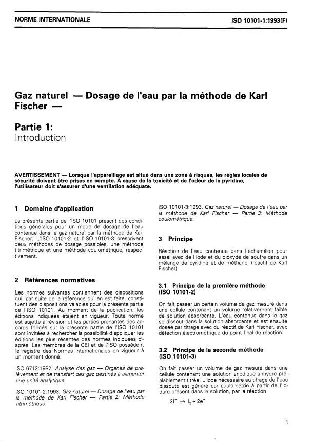 ISO 10101-1:1993 - Gaz naturel -- Dosage de l'eau par la méthode de Karl Fischer