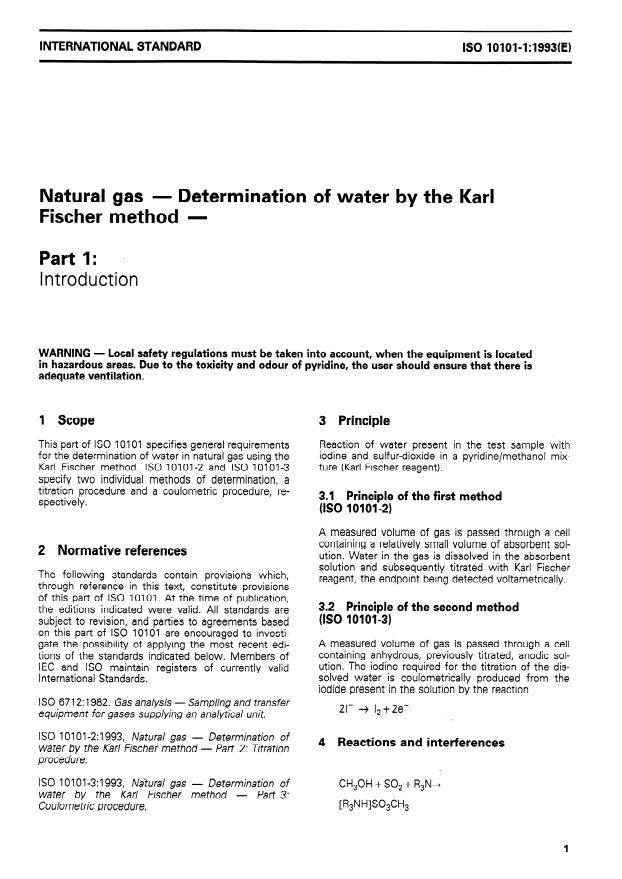 ISO 10101-1:1993 - Natural gas -- Determination of water by the Karl Fischer method