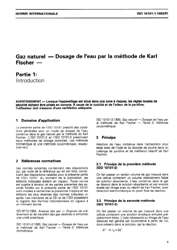 ISO 10101-1:1993 - Gaz naturel -- Dosage de l'eau par la méthode de Karl Fischer