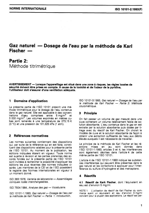 ISO 10101-2:1993 - Gaz naturel -- Dosage de l'eau par la méthode de Karl Fischer