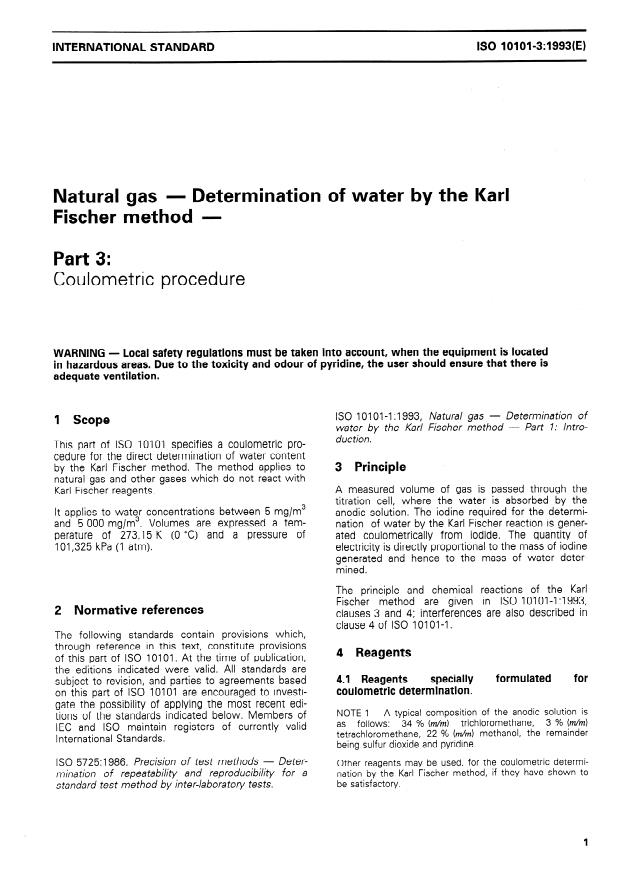 ISO 10101-3:1993 - Natural gas -- Determination of water by the Karl Fischer method