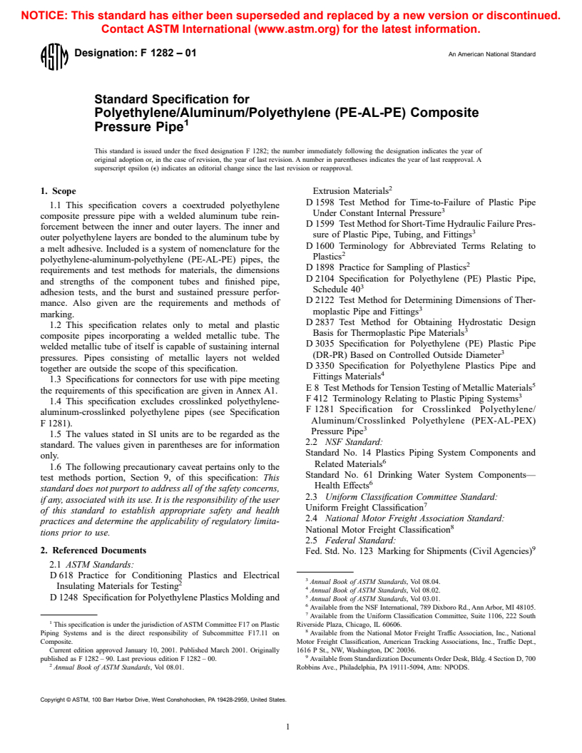 ASTM F1282-01 - Standard Specification for Polyethylene/Aluminum/Polyethylene (PE-AL-PE) Composite Pressure Pipe