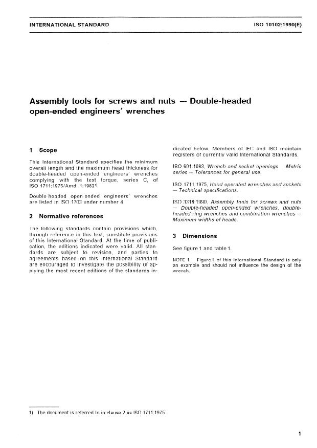 ISO 10102:1990 - Assembly tools for screws and nuts -- Double-headed open-ended engineers' wrenches