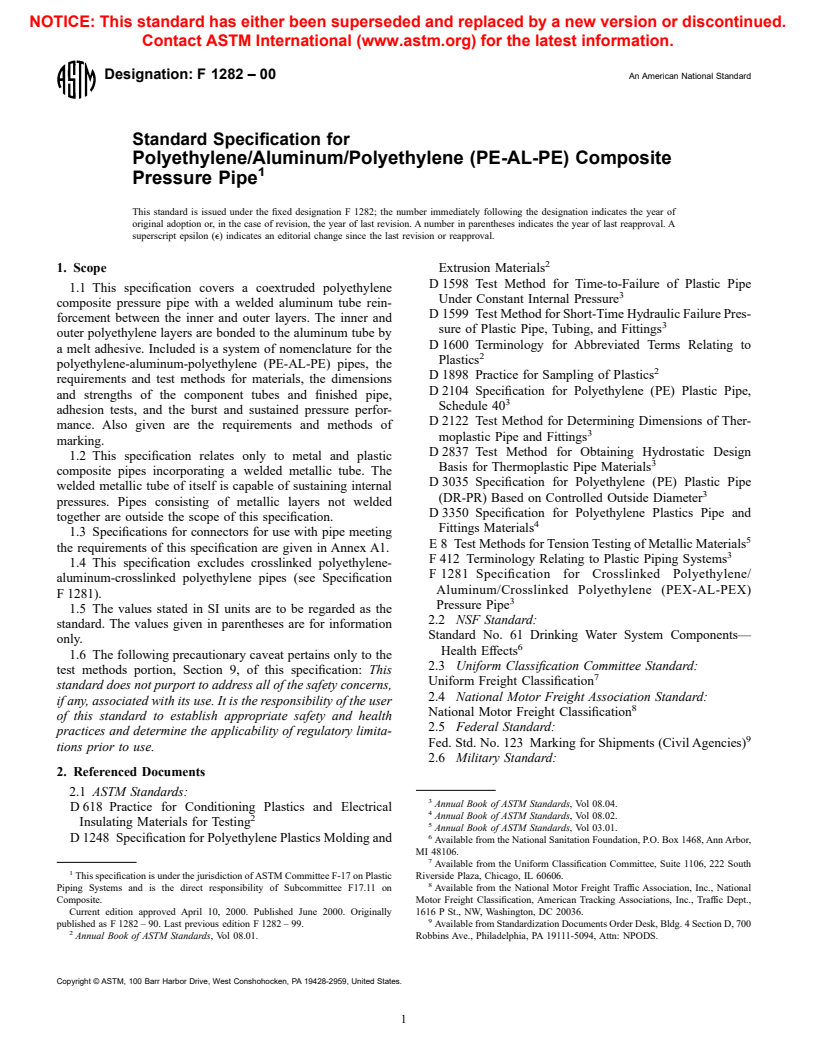 ASTM F1282-00 - Standard Specification for Polyethylene/Aluminum/Polyethylene (PE-AL-PE) Composite Pressure Pipe