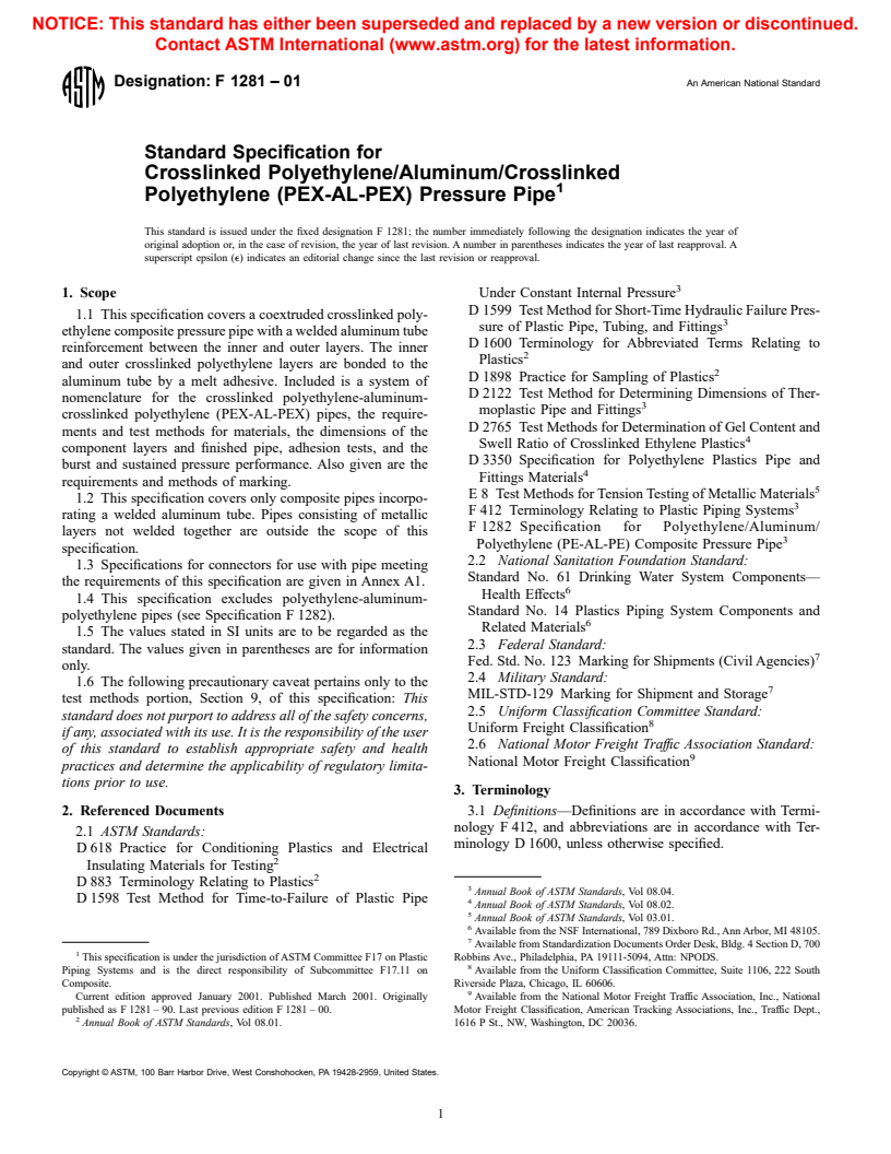 ASTM F1281-01 - Standard Specification for Crosslinked Polyethylene/Aluminum/Crosslinked Polyethylene (PEX-AL-PEX) Pressure Pipe