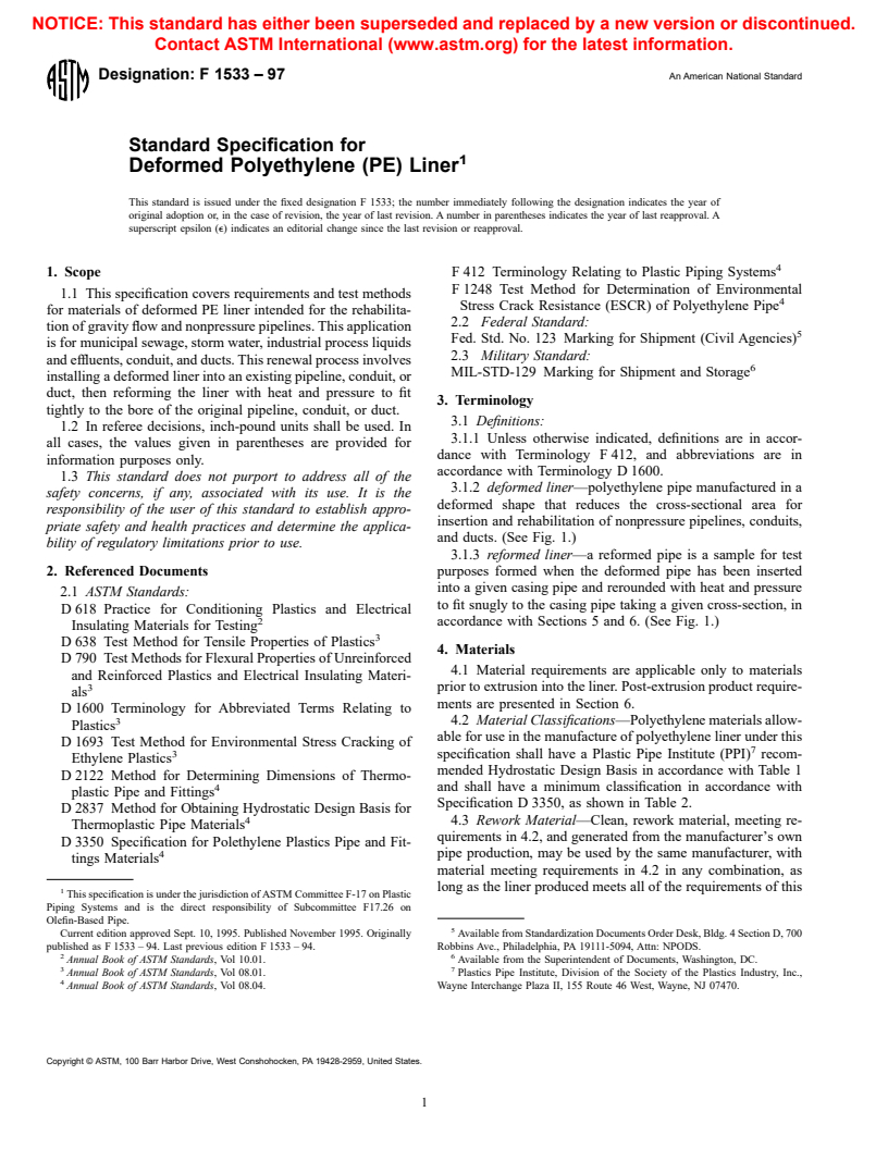 ASTM F1533-97 - Standard Specification for Deformed Polyethylene (PE) Liner