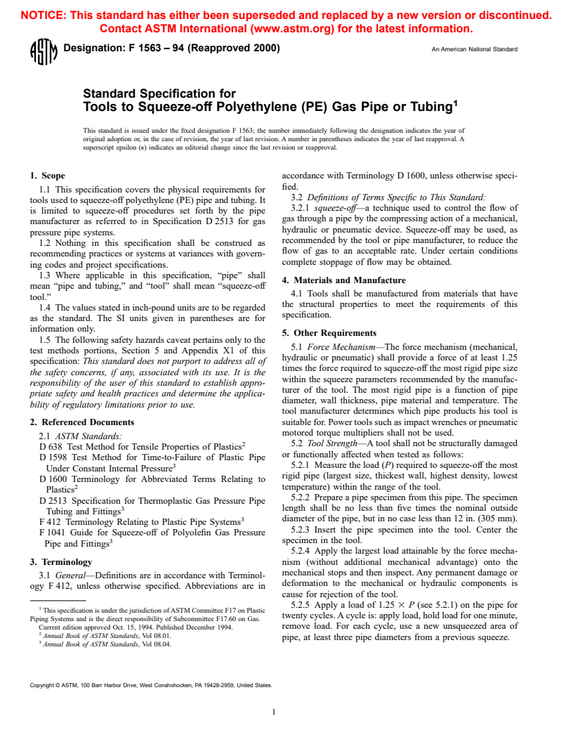 ASTM F1563-94(2000) - Standard Specification for Tools to Squeeze-off Polyethylene (PE) Gas Pipe or Tubing