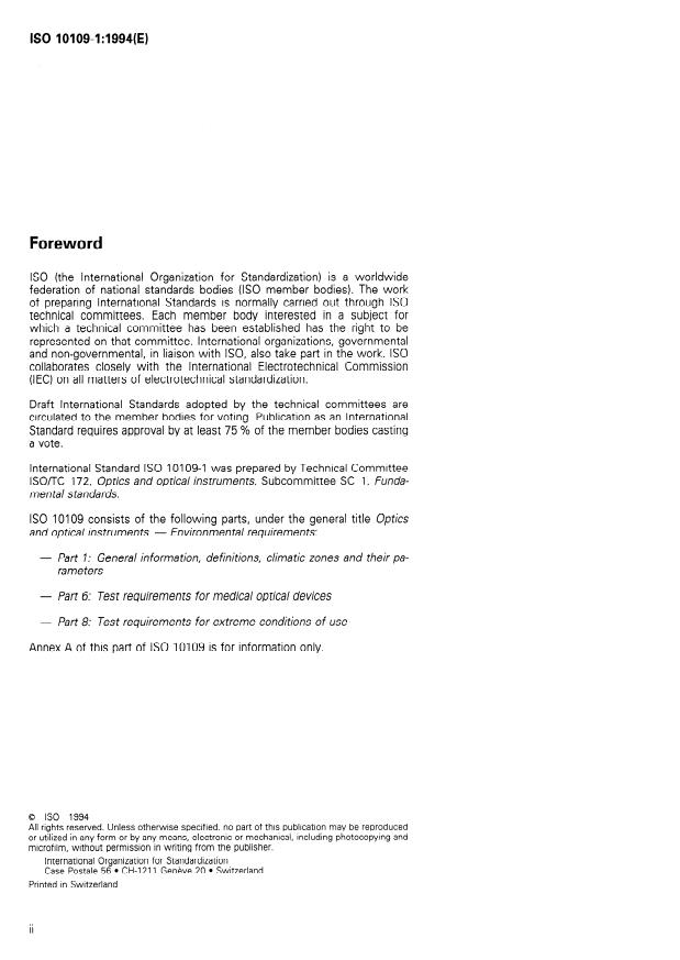 ISO 10109-1:1994 ISO 10109-1:1994 - Optics and optical instruments -- Environmental requirements - Page 2 preview