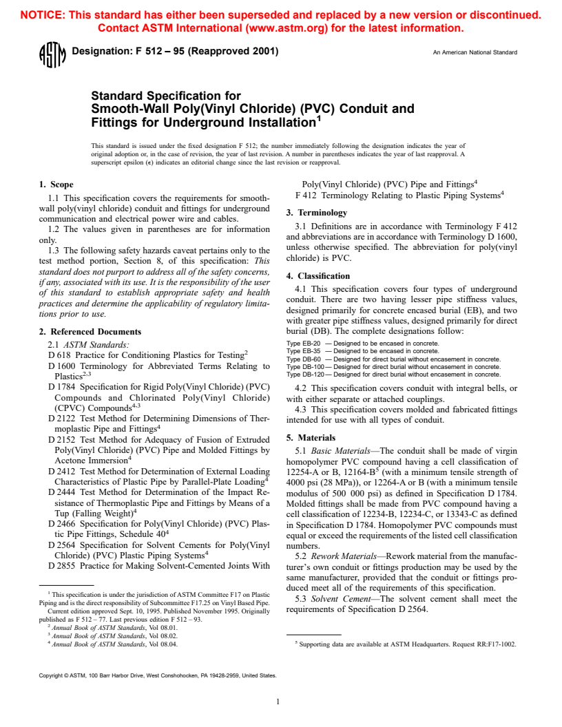 ASTM F512-95(2001) - Standard Specification for Smooth-Wall Poly(Vinyl Chloride) (PVC) Conduit and Fittings for Underground Installation