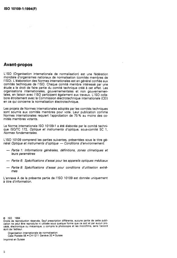ISO 10109-1:1994 ISO 10109-1:1994 - Optique et instruments d'optique -- Conditions d'environnement - Page 2 preview