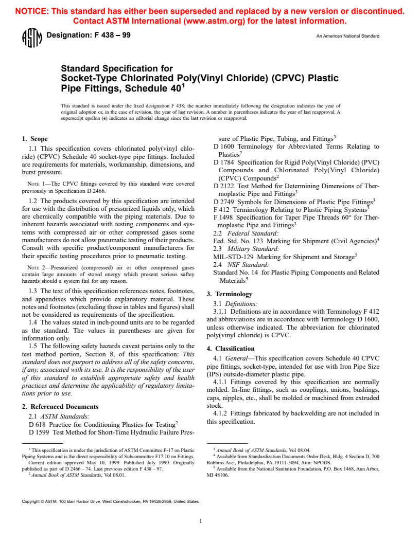 ASTM F438-99 - Standard Specification for Socket-Type Chlorinated Poly(Vinyl Chloride) (CPVC) Plastic Pipe Fittings, Schedule 40