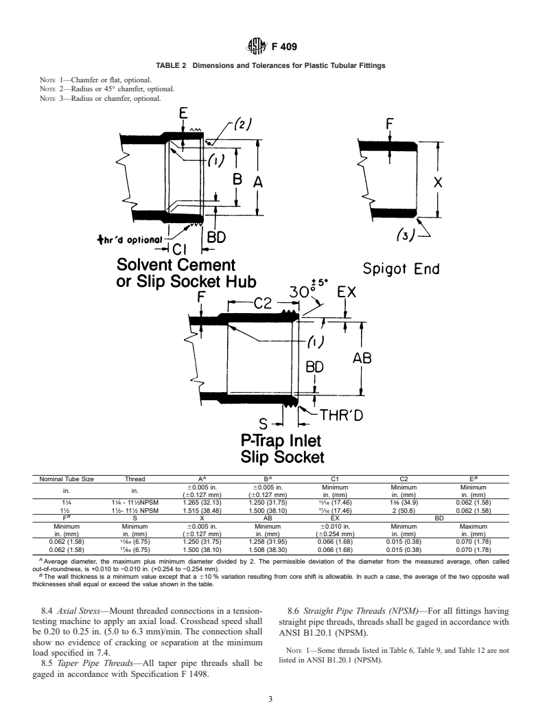 ASTM F409-99a - Standard Specification for Thermoplastic Accessible and Replaceable Plastic Tube and Tubular Fittings