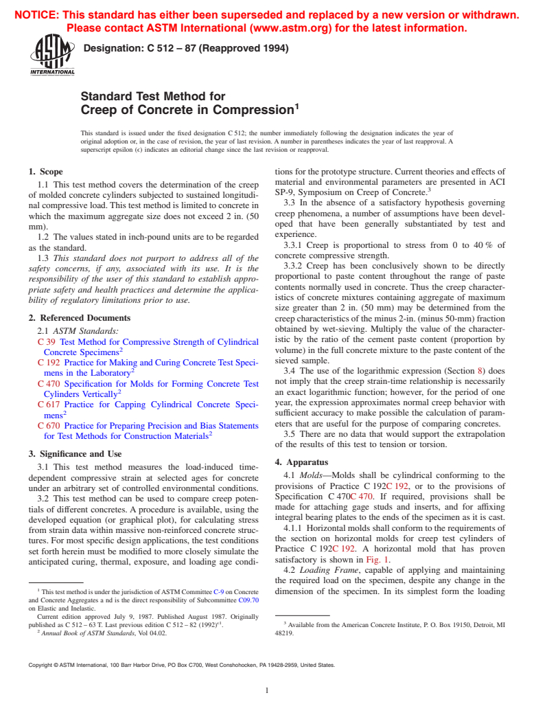 ASTM C512-87(1994) - Standard Test Method for Creep of Concrete in Compression