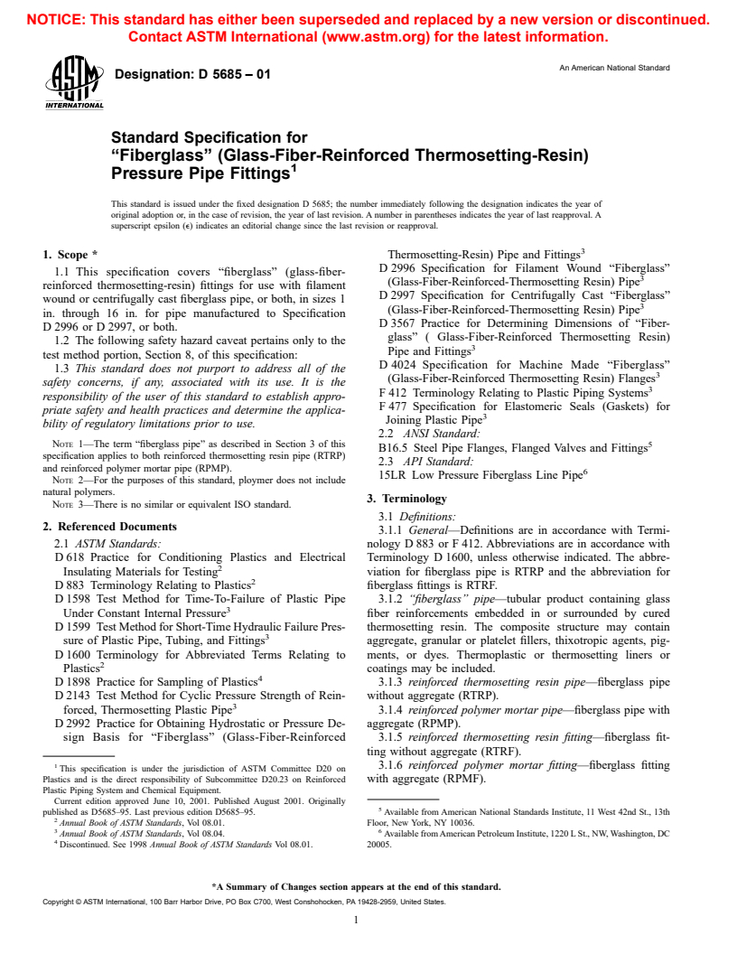 ASTM D5685-01 - Standard Specification for "Fiberglass" (Glass-Fiber-Reinforced Thermosetting-Resin) Pressure Pipe Fittings