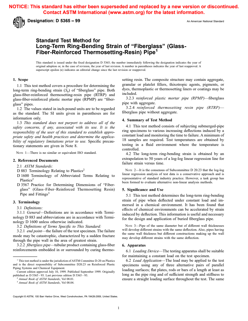 ASTM D5365-99 - Standard Test Method for Long-Term Ring-Bending Strain of "Fiberglass" (Glass-Fiber-Reinforced Thermosetting-Resin) Pipe