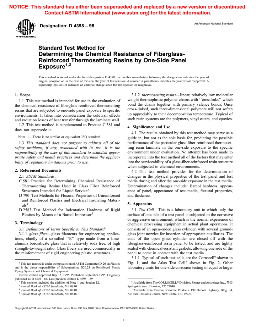 ASTM D4398-95 - Standard Test Method for Determining the Chemical Resistance of Fiberglass-Reinforced Thermosetting Resins by One-Side Panel Exposure