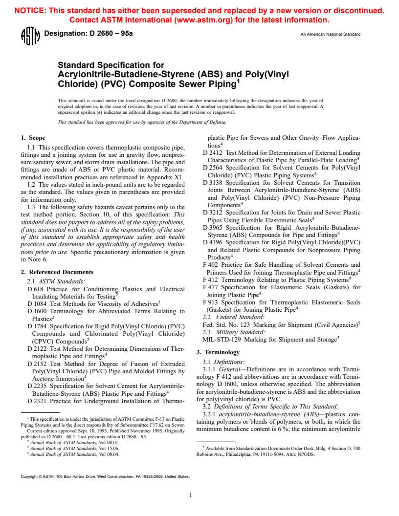 ASTM D2680-95a - Standard Specification for Acrylonitrile-Butadiene-Styrene (ABS) and Poly(Vinyl Chloride) (PVC) Composite Sewer Piping