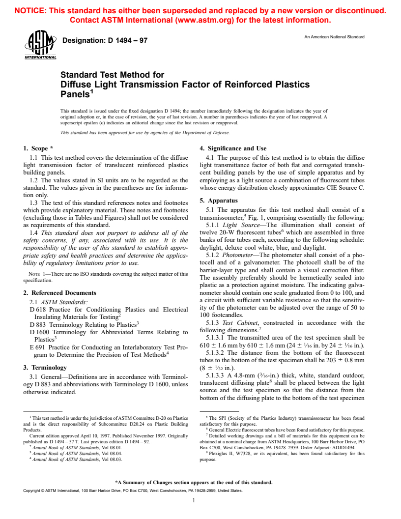 ASTM D1494-97 - Standard Test Method for Diffuse Light Transmission Factor of Reinforced Plastics Panels