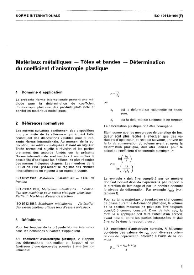 ISO 10113:1991 - Matériaux métalliques -- Tôles et bandes -- Détermination du coefficient d'anisotropie plastique