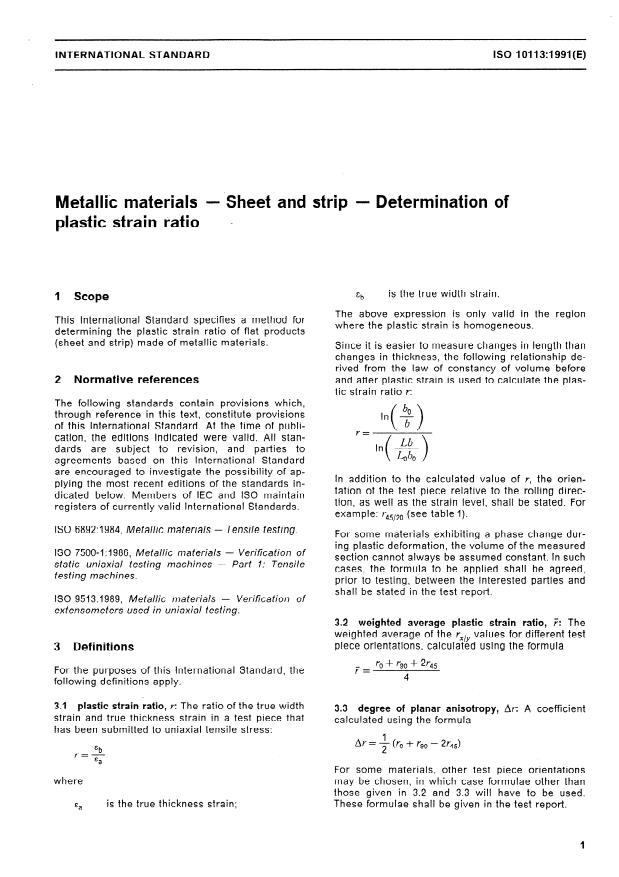ISO 10113:1991 - Metallic materials -- Sheet and strip -- Determination of plastic strain ratio