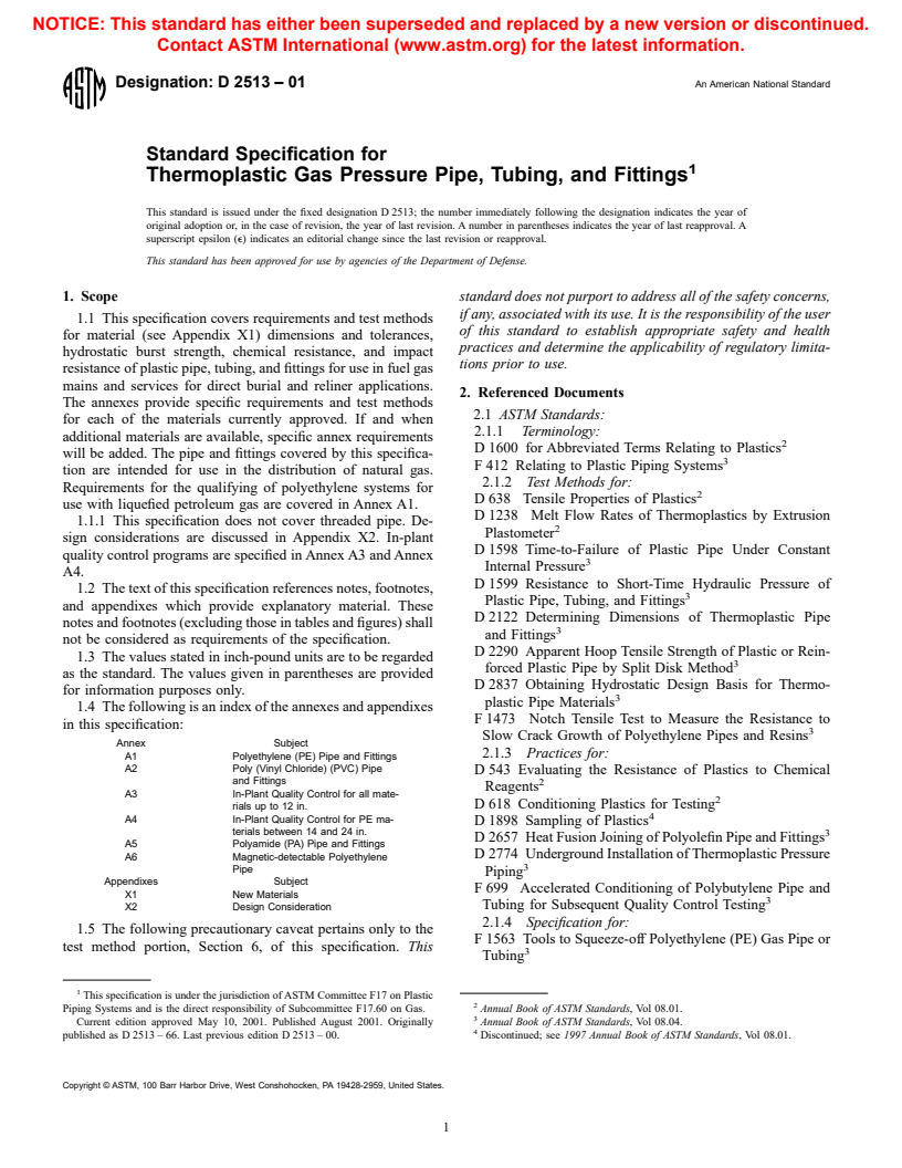 ASTM D2513-01 - Standard Specification for Thermoplastic Gas Pressure Pipe, Tubing, and Fittings