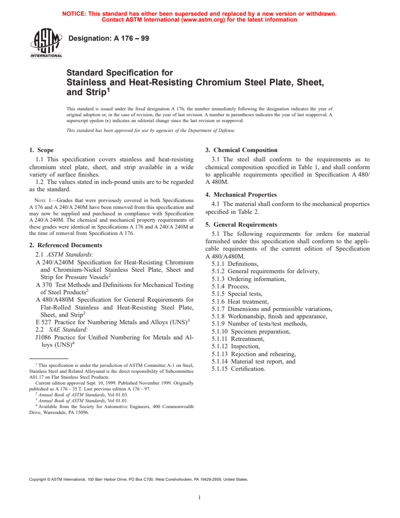 ASTM A176-99 - Standard Specification for Stainless and Heat-Resisting Chromium Steel Plate, Sheet, and Strip