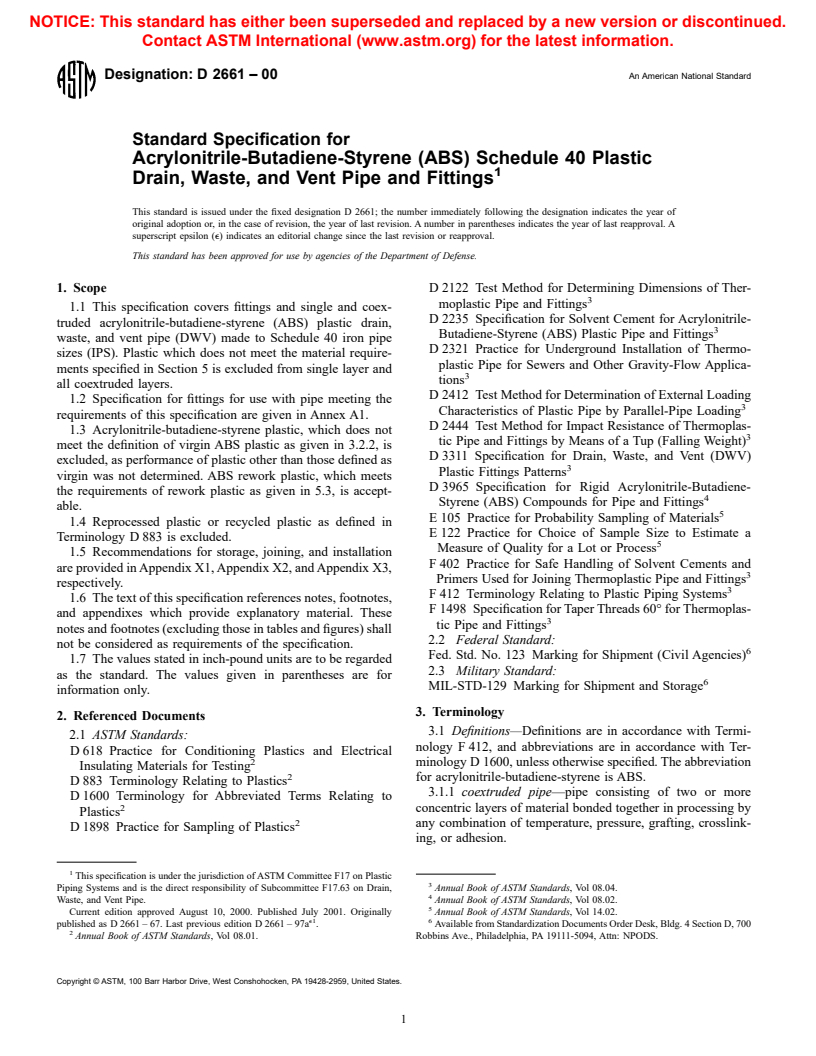 ASTM D2661-00 - Standard Specification for Acrylonitrile-Butadiene-Styrene (ABS) Schedule 40 Plastic Drain, Waste, and Vent Pipe and Fittings