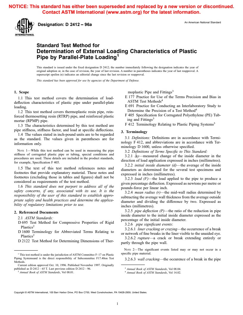 ASTM D2412-96a - Standard Test Method for Determination of External Loading Characteristics of Plastic Pipe by Parallel-Plate Loading