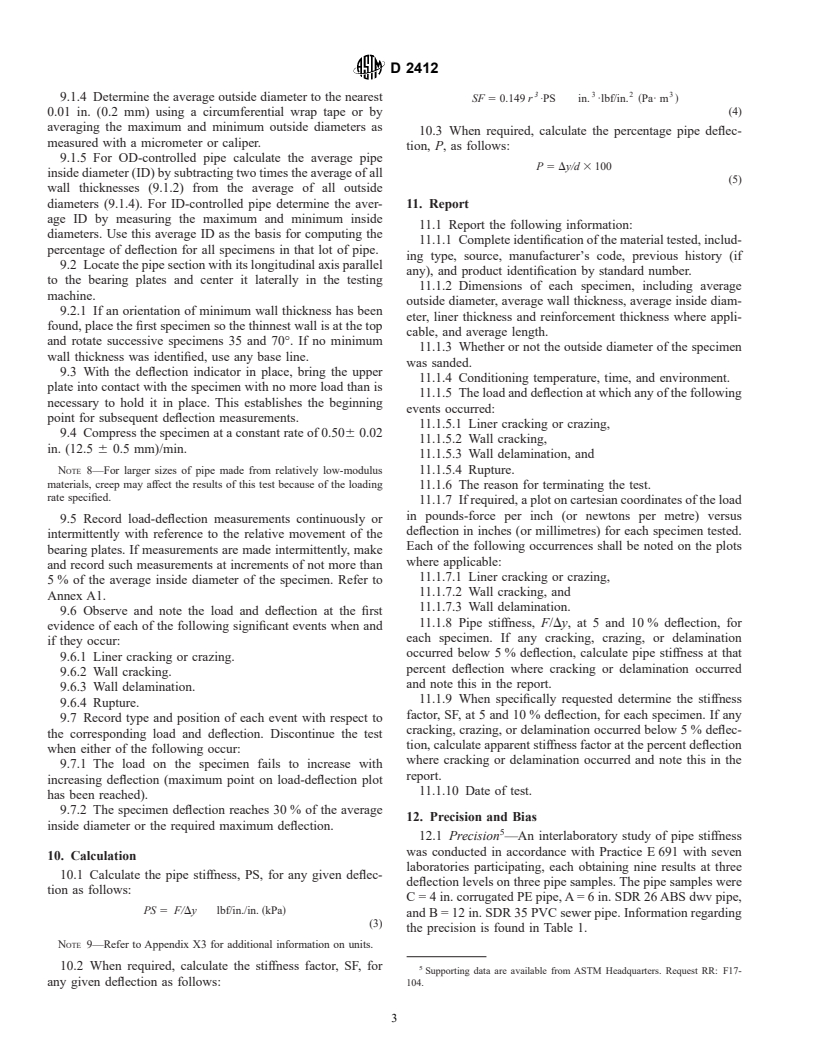 ASTM D2412-96a - Standard Test Method for Determination of External Loading Characteristics of Plastic Pipe by Parallel-Plate Loading