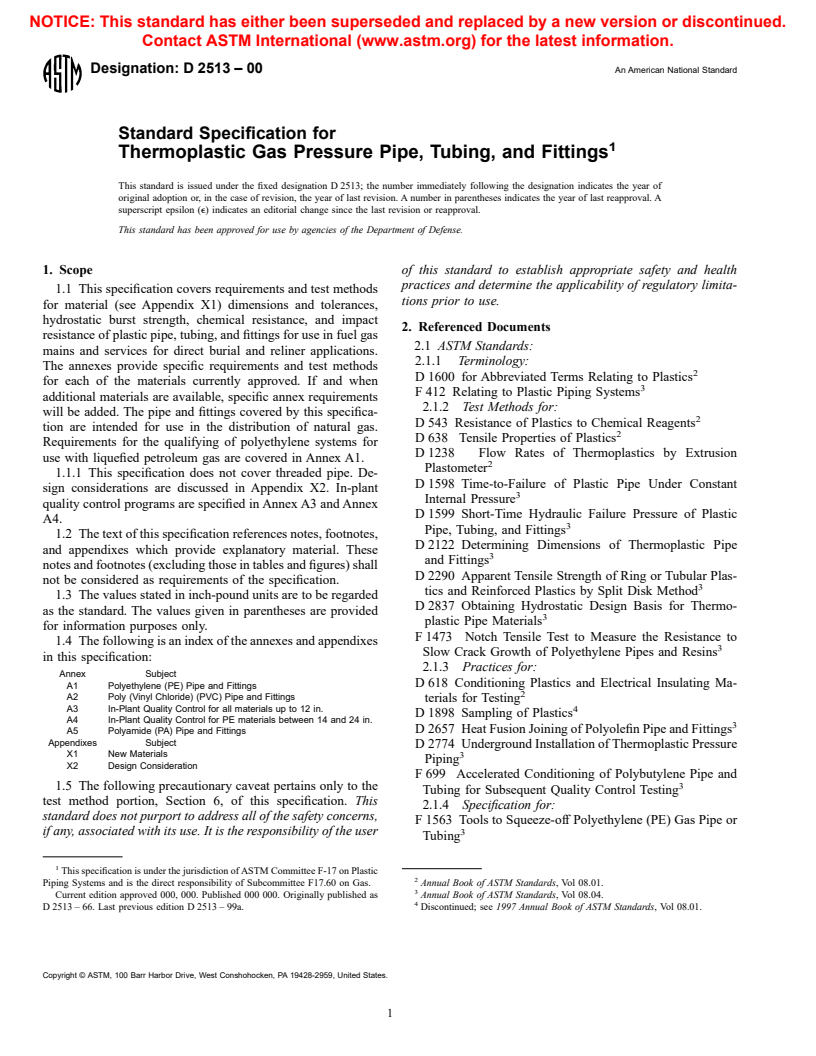 ASTM D2513-00 - Standard Specification for Thermoplastic Gas Pressure Pipe, Tubing, and Fittings