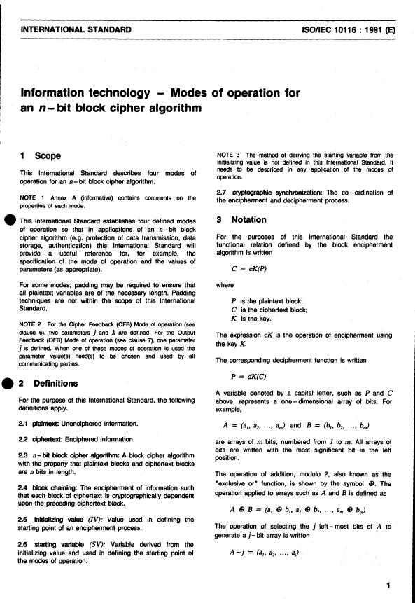 ISO/IEC 10116:1991 - Technologies de l'information -- Modes opératoires d'un algorithme de chiffrement par blocs de n-bits