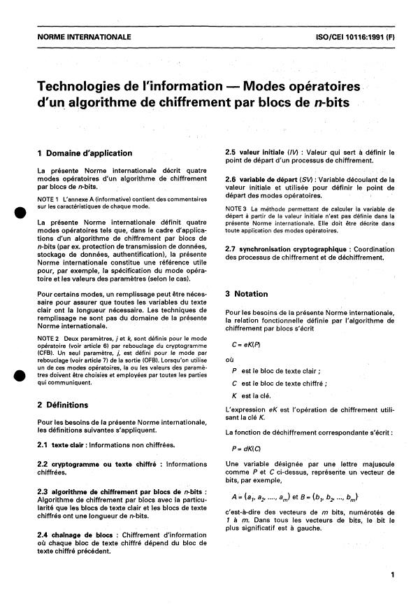 ISO/IEC 10116:1991 - Information technology -- Modes of operation for an n-bit block cipher algorithm