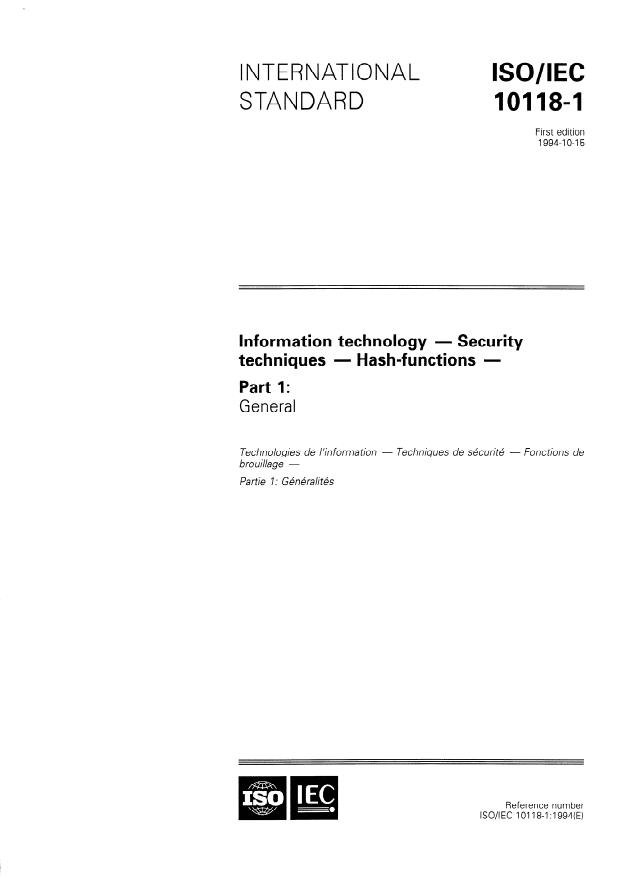ISO/IEC 10118-1:1994 - Information technology -- Security techniques -- Hash-functions