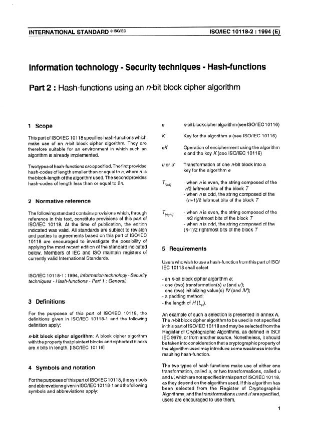 ISO/IEC 10118-2:1994 - Information technology -- Security techniques -- Hash-functions
