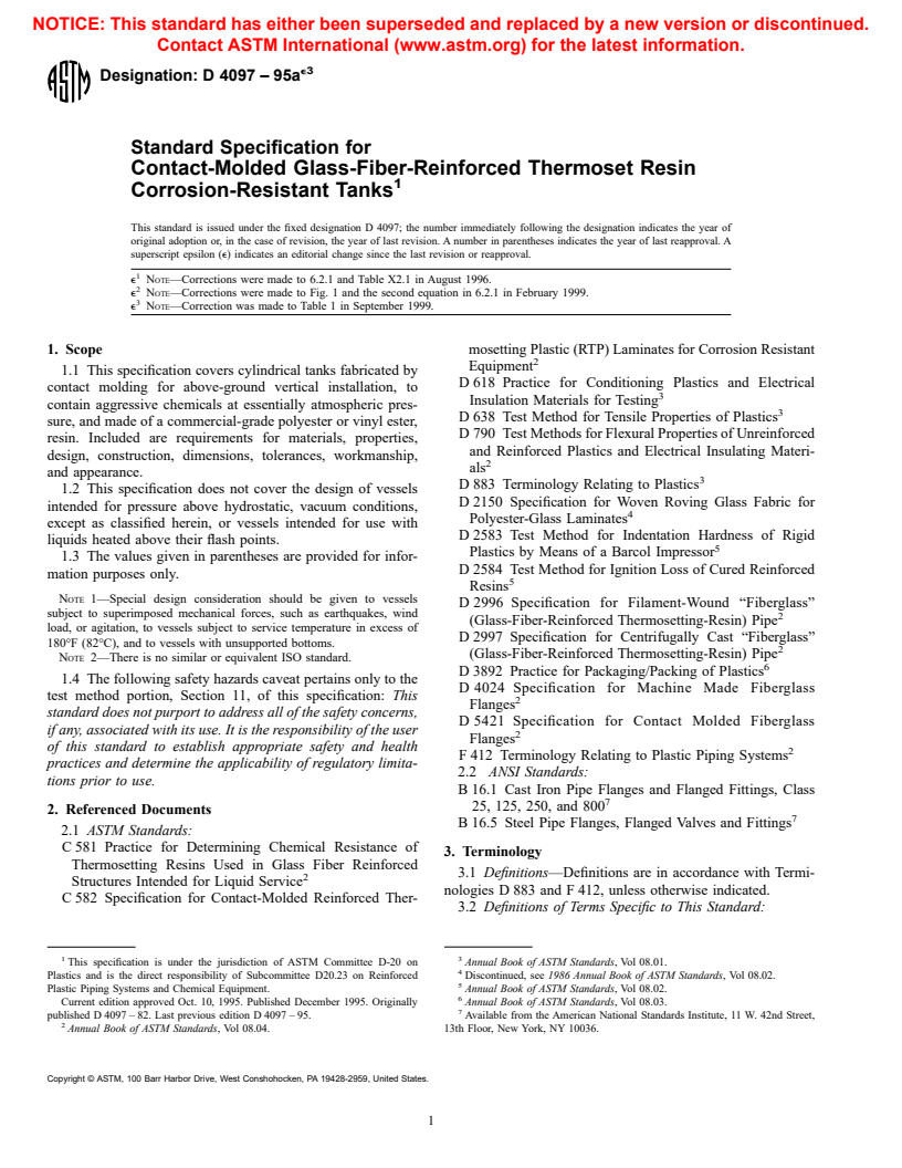 ASTM D4097-95ae3 - Standard Specification for Contact-Molded Glass-Fiber-Reinforced Thermoset Resin Corrosion-Resistant Tanks