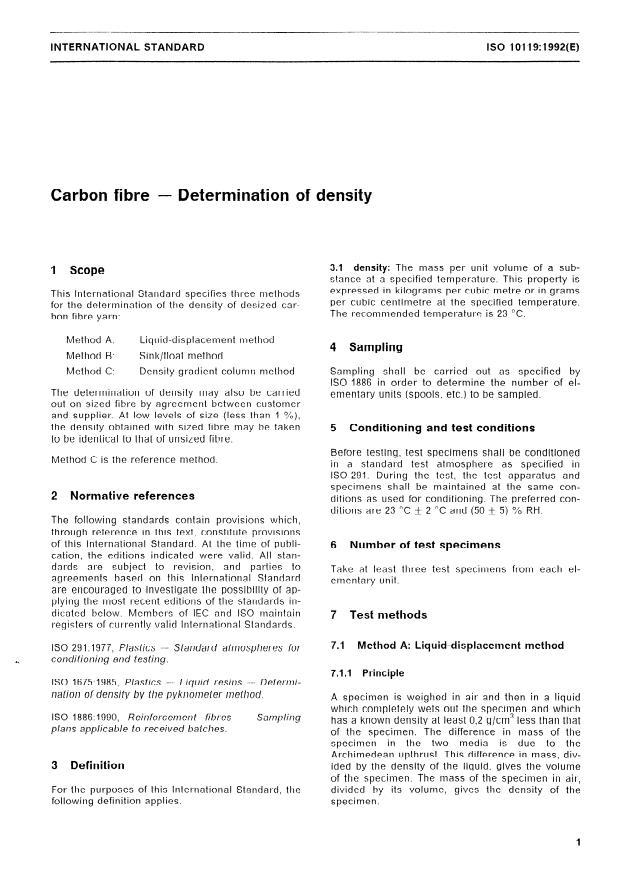 ISO 10119:1992 - Carbon fibre -- Determination of density