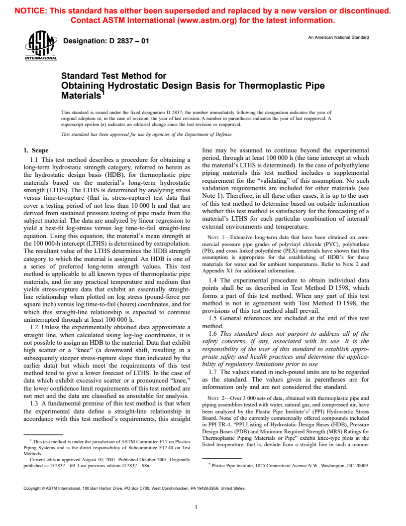 ASTM D2837-01 - Standard Test Method for Obtaining Hydrostatic Design Basis for Thermoplastic Pipe Materials