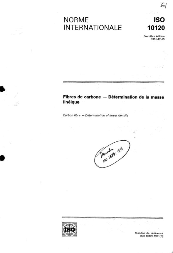 ISO 10120:1991 - Fibres de carbone -- Détermination de la masse linéique