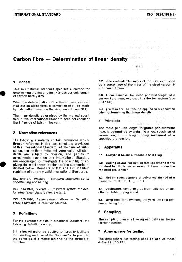 ISO 10120:1991 - Carbon fibre -- Determination of linear density