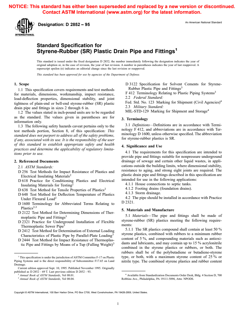 ASTM D2852-95 - Standard Specification for Styrene-Rubber (SR) Plastic Drain Pipe and Fittings