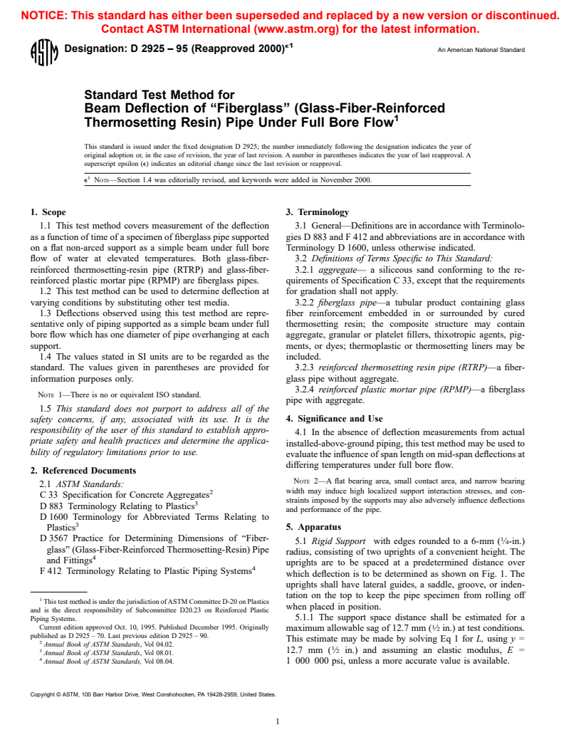 ASTM D2925-95(2000)e1 - Standard Test Method for Beam Deflection of "Fiberglass" (Glass-Fiber-Reinforced Thermosetting Resin) Pipe Under Full Bore Flow