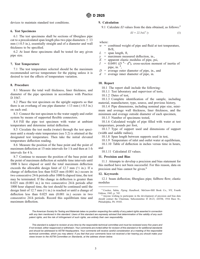 ASTM D2925-95(2000)e1 - Standard Test Method for Beam Deflection of "Fiberglass" (Glass-Fiber-Reinforced Thermosetting Resin) Pipe Under Full Bore Flow