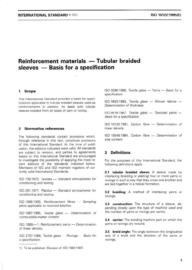 ISO 10122:1995 - Reinforcement materials -- Tubular braided sleeves -- Basis for a specification