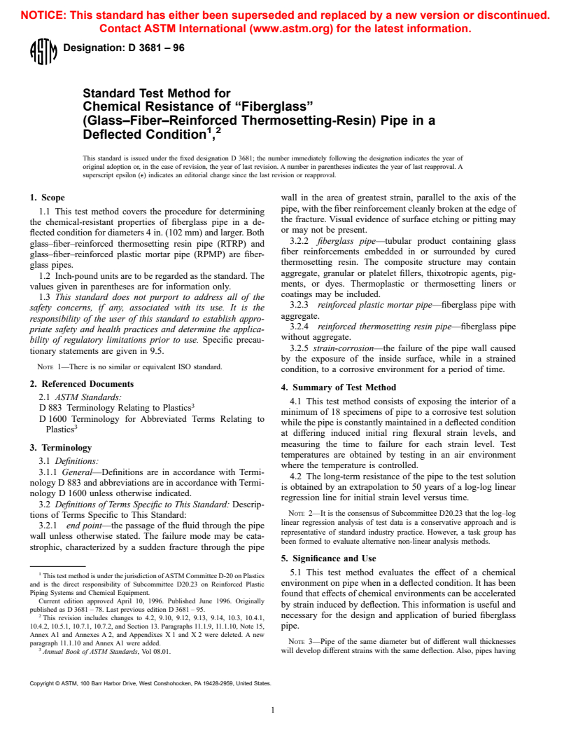 ASTM D3681-96 - Standard Test Method for Chemical Resistance of "Fiberglass" (Glass-Fiber-Reinforced Thermosetting-Resin) Pipe in a Deflected Condition