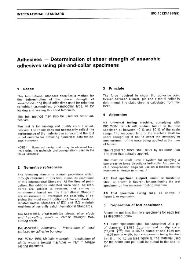 ISO 10123:1990 - Adhesives -- Determination of shear strength of anaerobic adhesives using pin-and-collar specimens