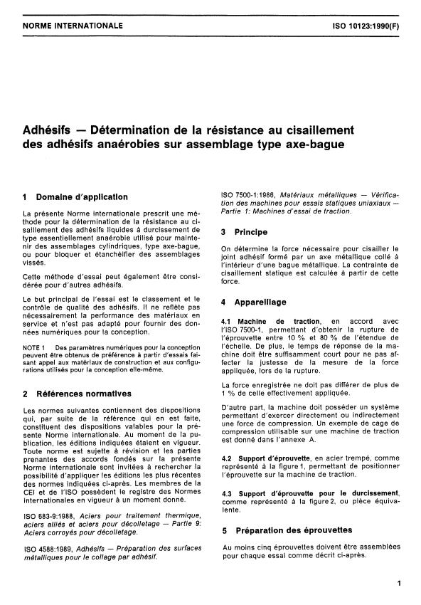 ISO 10123:1990 - Adhésifs -- Détermination de la résistance au cisaillement des adhésifs anaérobies sur assemblage type axe-bague