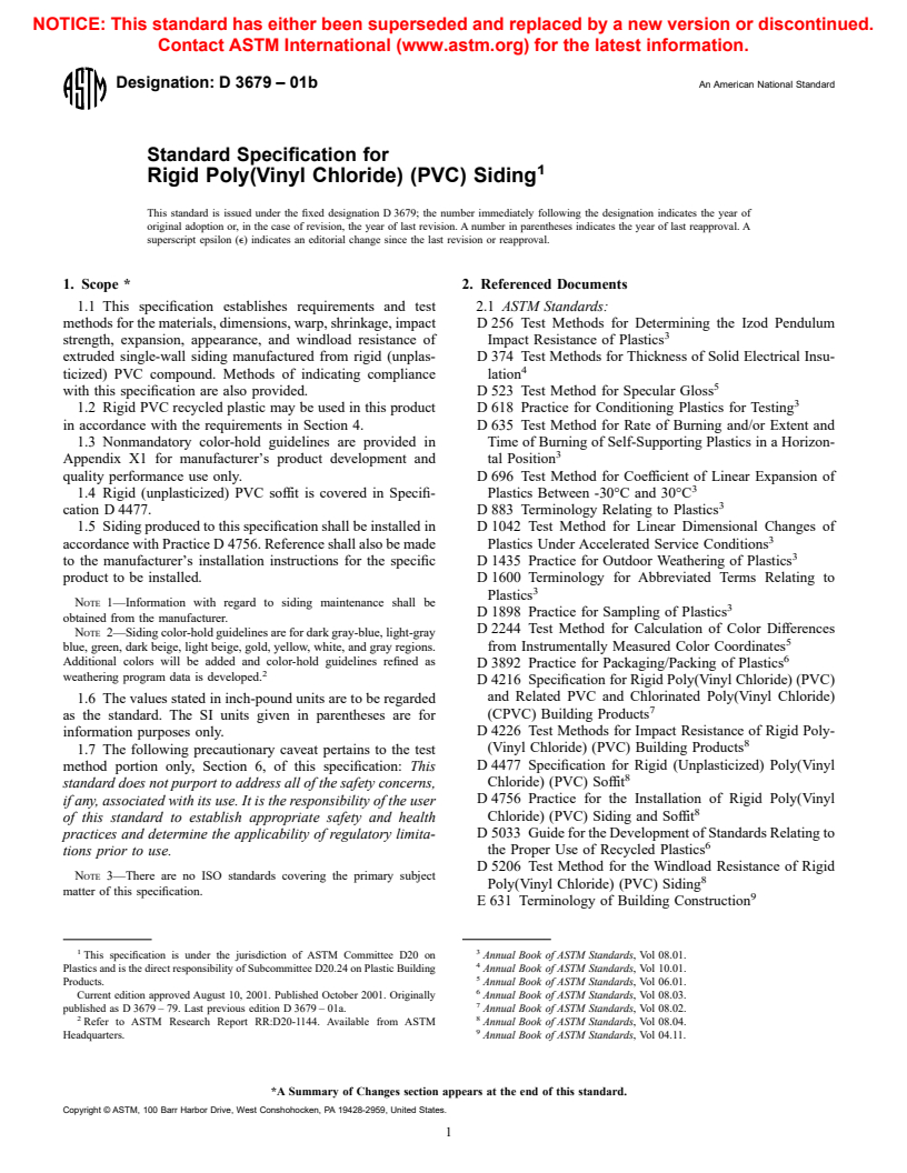 ASTM D3679-01b - Standard Specification for Rigid Poly(Vinyl Chloride) (PVC) Siding