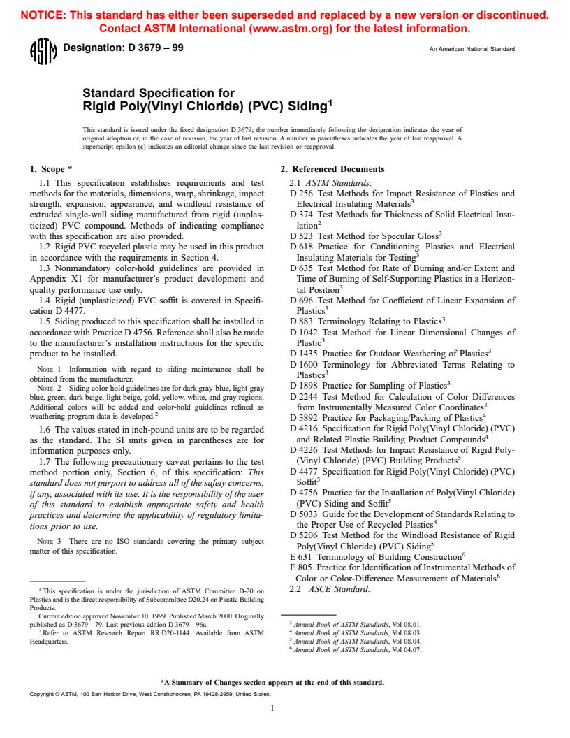 ASTM D3679-99 - Standard Specification for Rigid Poly(Vinyl Chloride) (PVC) Siding